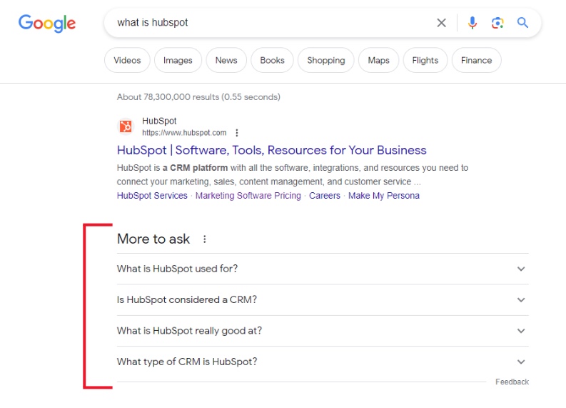 screenshot of searching hubspot in google